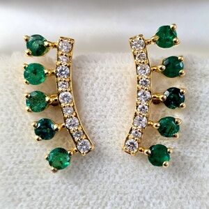 Watch Video / 14K Gold Emerald And Diamond Creeper Ear Climbers Earrings